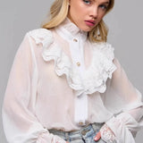 Lace Trim Stand Collar Chiffon Blouse