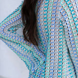 Boho V Neck Bell Sleeve Wavy Striped Crochet Beach Vacation Maxi Dress - Blue