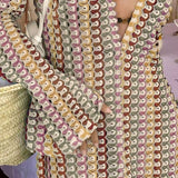 Boho V Neck Bell Sleeve Wavy Striped Crochet Beach Vacation Maxi Dress - Brown