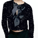 Bow Tie Textured Cardigan & Mid Rise Sequin Skort
