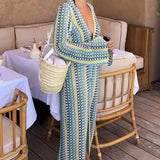 Boho V Neck Bell Sleeve Wavy Striped Crochet Beach Vacation Maxi Dress - Yellow