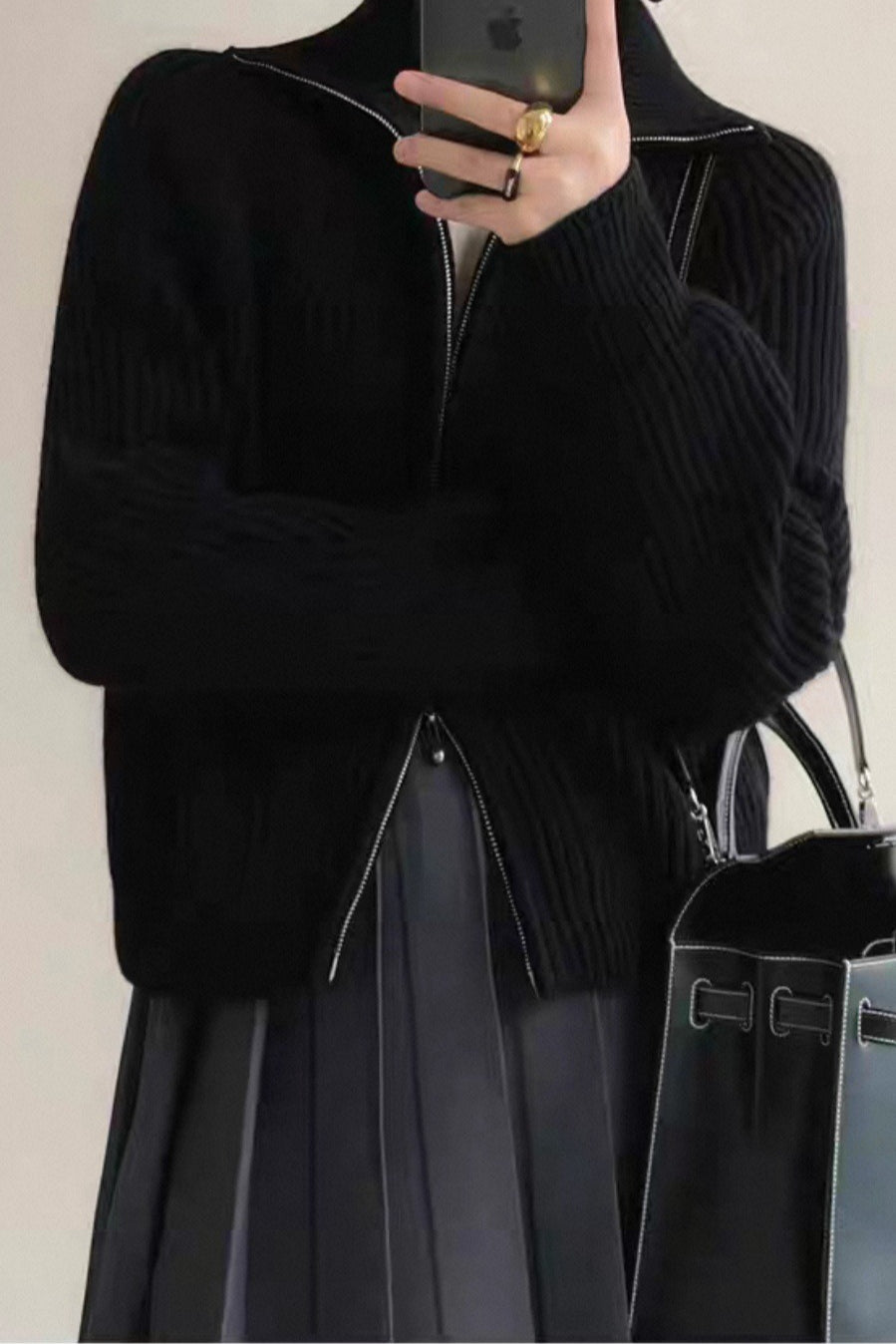 Ribbed High Neck Zip Sweater