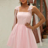 Off-the-shoulder Mesh Lace-up Cocktail Dress