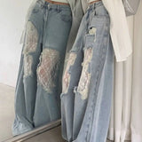 Lace Patchwork Ripped Loose Jeans