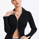 Ribbed Knit Zip-Up Stand Collar Cardigan