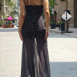 Polka Dot Ruched Lace Mesh Cami Maxi Dress