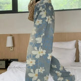 Washed Floral Print Baggy Jeans