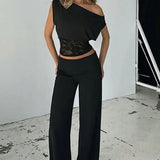 Asymmetric Collar Lace Sheer Sleeveless Crop Top