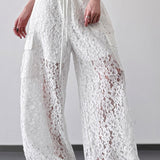 White Lace Cutout Casual Wide Leg Pants