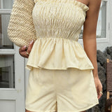 Casual Minimalist stripe Tube Ruffle Shorts Two Piece Set