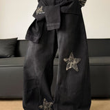 Leopard Print Patchwork Tie Loose Wide Leg Retro Jeans