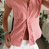 Versatile Red White Plaid Blouse