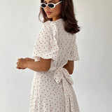 Cotton Heart Print V-Neck Wrap Maxi Dress