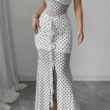 Polka Dot Backless Cami Mesh Maxi Dress