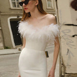 Ostrich Feather Deep V Bodycon Party Dress
