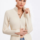 Ribbed Knit Zip-Up Stand Collar Cardigan