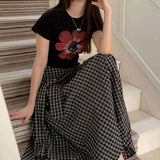 Color Block Plaid Tie Side Zip Loose Skirt