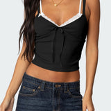 Faux Two Piece Bow Lace Sweet Crop Top