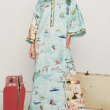 Modern Satin Art Island Print Slit Maxi Dress