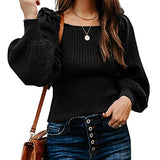 Women's Sweaters Casual Long Lantern Sleeve Square Neck Ruffle Knit Pullovers Tops