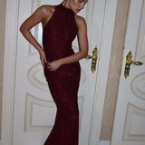 Burgundy Halter Pencil Fishtail Maxi Party Dress