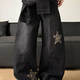 Leopard Print Patchwork Tie Loose Wide Leg Retro Jeans