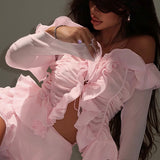Stylish Off Shoulder Long Sleeve Ruffle Skirt Set