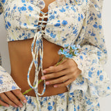 Floral Tie Front Square Neck Ruffled Cropped Top Low Waist Jogger Pants Two Piece Set