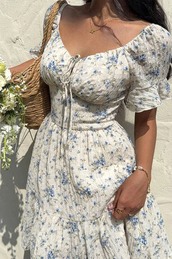 Lace-Up V-Neck Backless Floral Dress