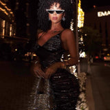 Rhinestone V-Neck Cami Ruched Fishtail Party Dress