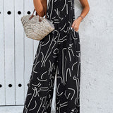 Printed Wide Strap Jumpsuit with Pockets