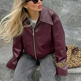 Burgundy Lapel Zip Leather Jacket