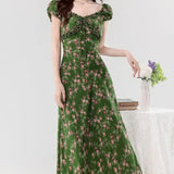 Retro Slim Green V-Neck Floral Dress