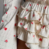 Floral Knitted Short Long Sleeve Shorts Loungewear Two Piece Set