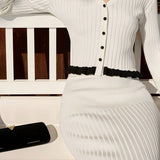 Elegant Ruffled Long-Sleeve Knit Skirt Two Piece Set