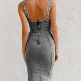 This Seasons Staple Denim Adjustable Straps Zip-up Firm Stretch Midi Dress