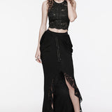 Women's Gothic Knitted Fabric and Lace Half Hip Side Pleats Designed Slim Sexy Long Skirt