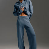 Polo Collar Knit Pullover Wide-Leg Pants Two Piece Set