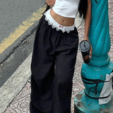 Contrast Waist Lace Trim Relaxed Long Pants