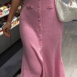 Single Breasted V Neck Knitted Slit Peter Pan Collar Midi Dress