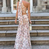 Light Pink Purple Floral One Shoulder Sleeveless Two Piece Set