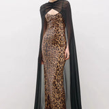 Leopard Sequin Sheer Cape Spaghetti Strap Backless Prom Dress