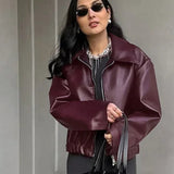 Burgundy Lapel Zip Leather Jacket