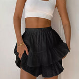 Solid High Waist Lace Tiered Bodycon Skirt