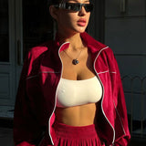 Athletic Velvet Collar Zipper Long Sleeve Two Piece Set