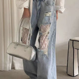 Lace Patchwork Ripped Loose Jeans