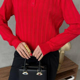 Jacquard Polo Collar Long Sleeve Loose Blouse