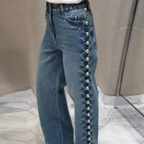 Beaded High Waist Straight Leg Jeans
