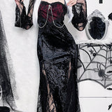 Chain Long Gothic Party Velvet High Slit Lace Patchwork Tube Maxi Bodycon Dress