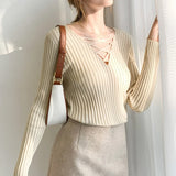 Slim Fit Lace Up V Neck Sweater